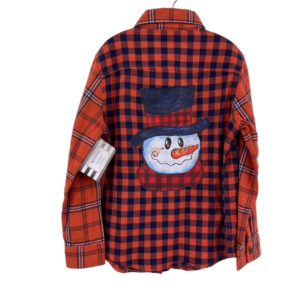 Boys Plaid handmade‎ Christmas button front shirt size 8 Snowman orange blue
